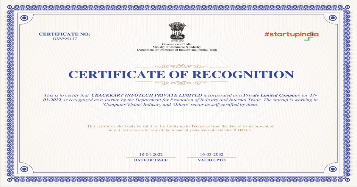 Crackkart Infotech Pvt Ltd is recognized as a startup by the Department for Promotion of Industry and Internal Trade. Ministry of Commerce & Industry, Government of India
